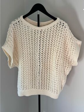 Free People Cream Open-Knit Short Sleeve Sweater